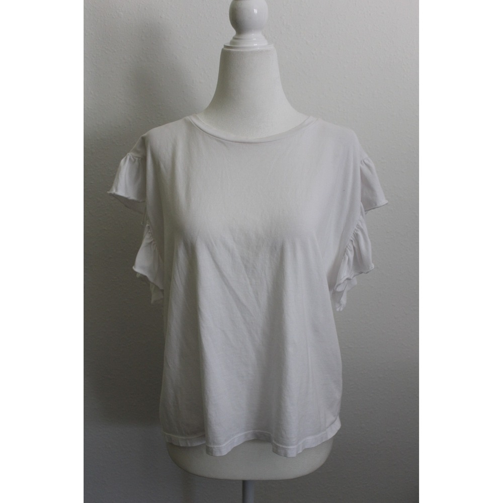 Zara Women's White Cotton Ruffle Short Sleeve T-Shirt Crew Neck Top Size L